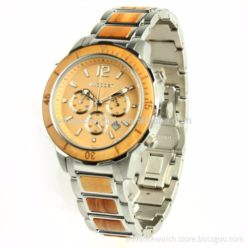 2017 latest chronograph stainless steel inlay wooden watch with Japanese movement Uhr